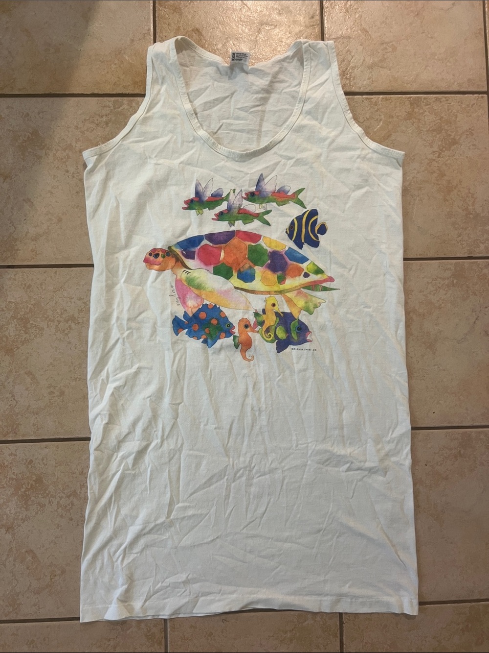 Vintage SINGLE STITCH Colorful Graphic Sea‎ Turtle Sea Tank Top Dress, Sz O/S
